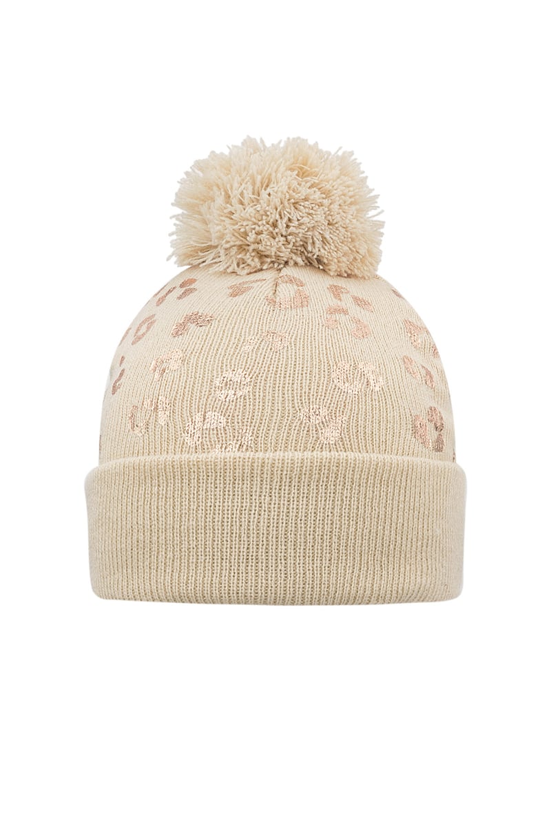 Tiger print pompom hat - beige